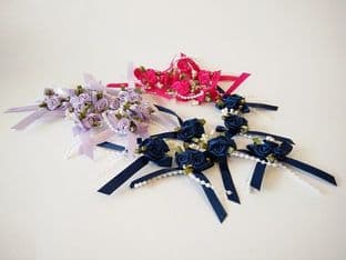 534-13P Rose Trio on Bow with Beads and Green Leaves - Full Colour Range