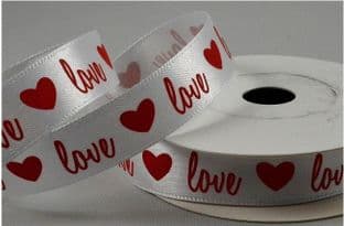 55128 - 15mm White satin with a Red printed LOVE and Heart design x 10mts