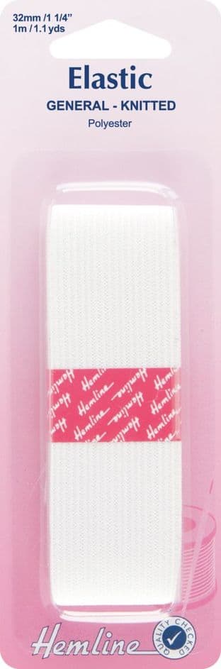 H620.32 General Purpose Knitted Elastic: White - 1m x 32mm