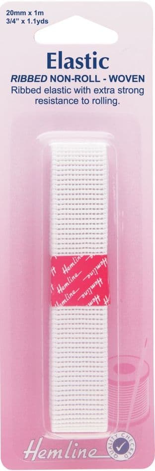 H635.20 Non-Roll Ribbed Elastic: White - 1m x 20mm