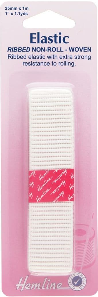 H635.25 Non-Roll Ribbed Elastic: White - 1m x 25mm
