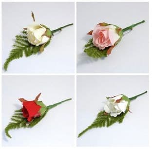 B1432 Corsage: Rose with Fern: 12pk - Choice of Colours