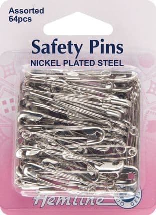 H410.99.64 Safety Pins: Assorted Sizes - Nickel - 64pcs